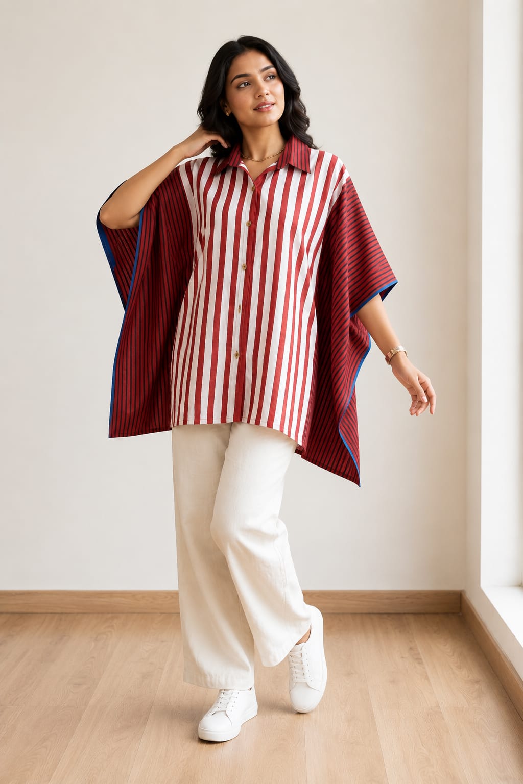 Crimson & Ivory Striped Kaftan Shirt