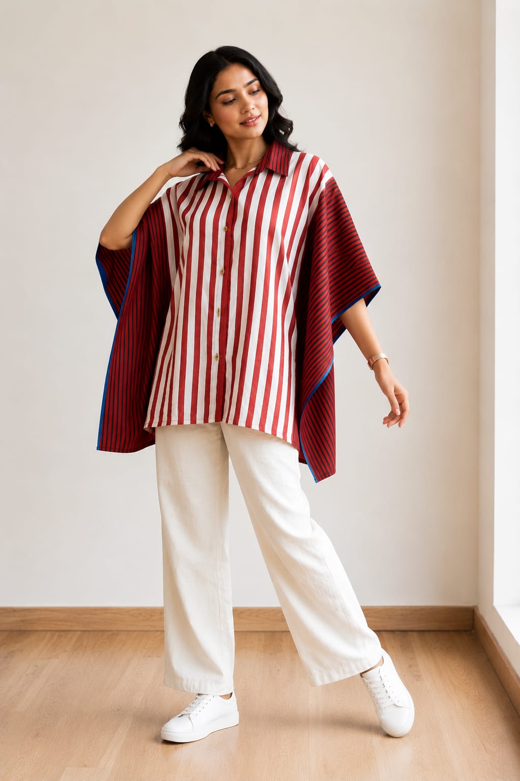 Crimson & Ivory Striped Kaftan Shirt