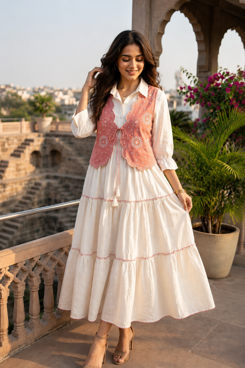 Ivory Tiered Jacquard Cotton Dress with Peach Embroidered Jacket