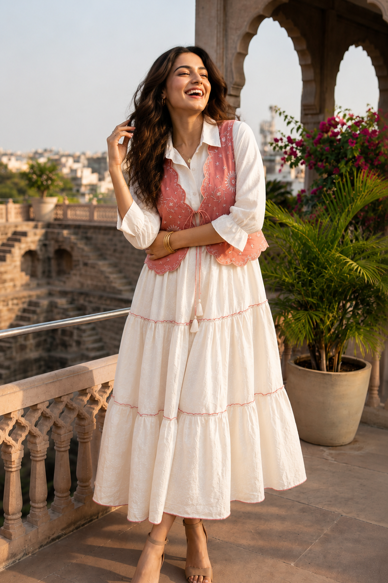 Ivory Tiered Jacquard Cotton Dress with Peach Embroidered Jacket