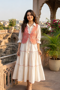 Ivory Tiered Jacquard Cotton Dress with Peach Embroidered Jacket
