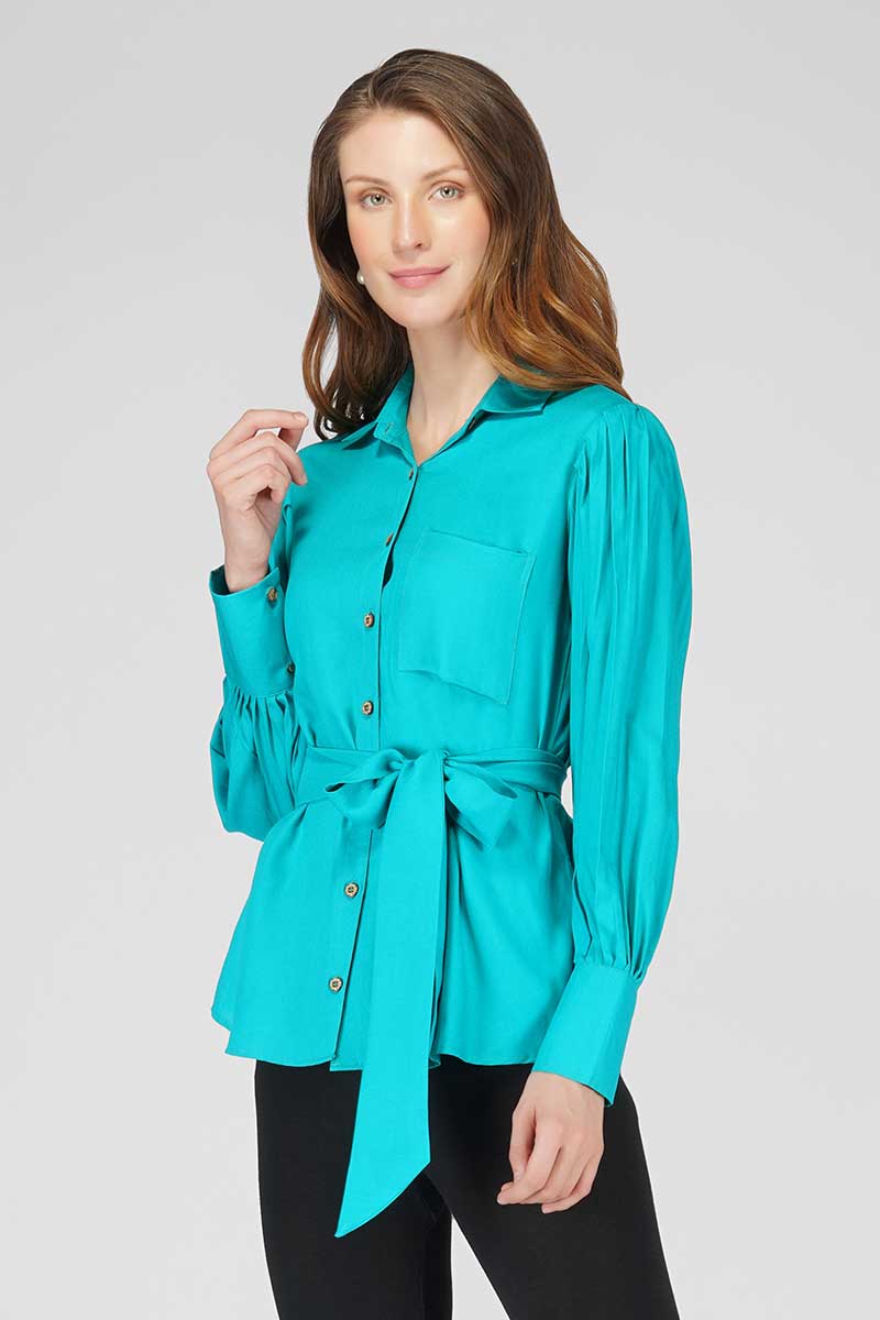 Turquoise Pleated Tie Shirt