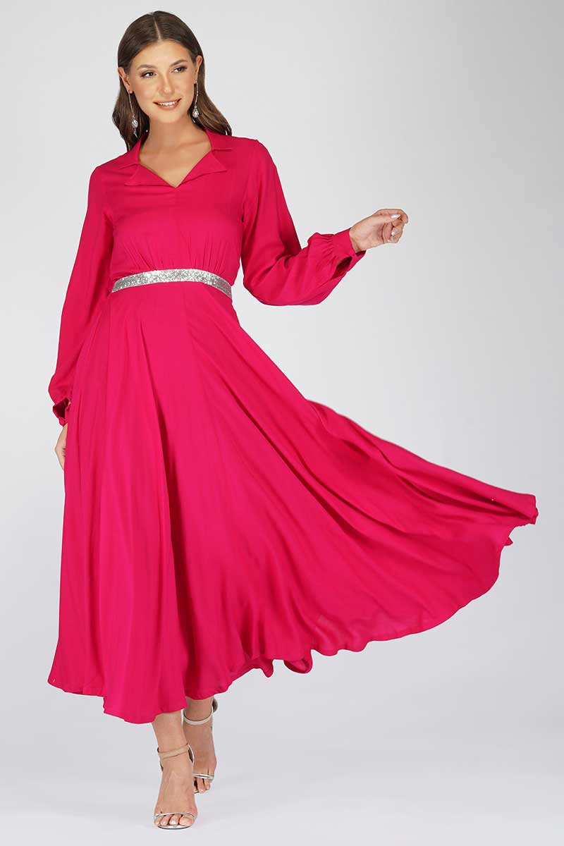 Hot Pink Shimmer Belt Dress - Pastelshades