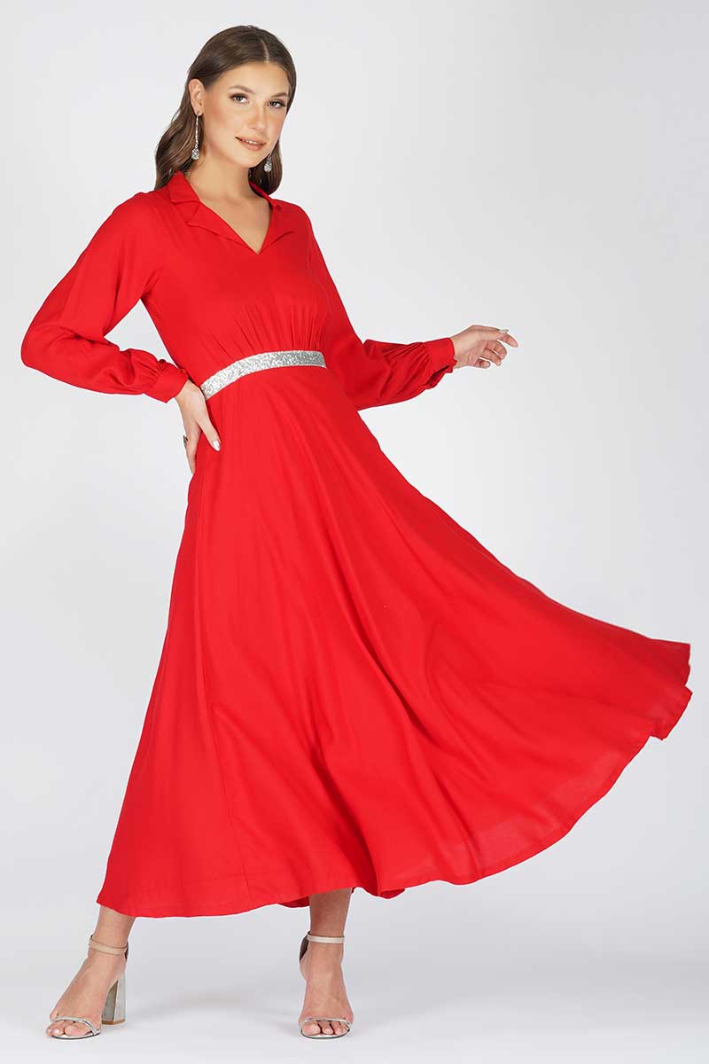 Red Shimmer Belt Dress
