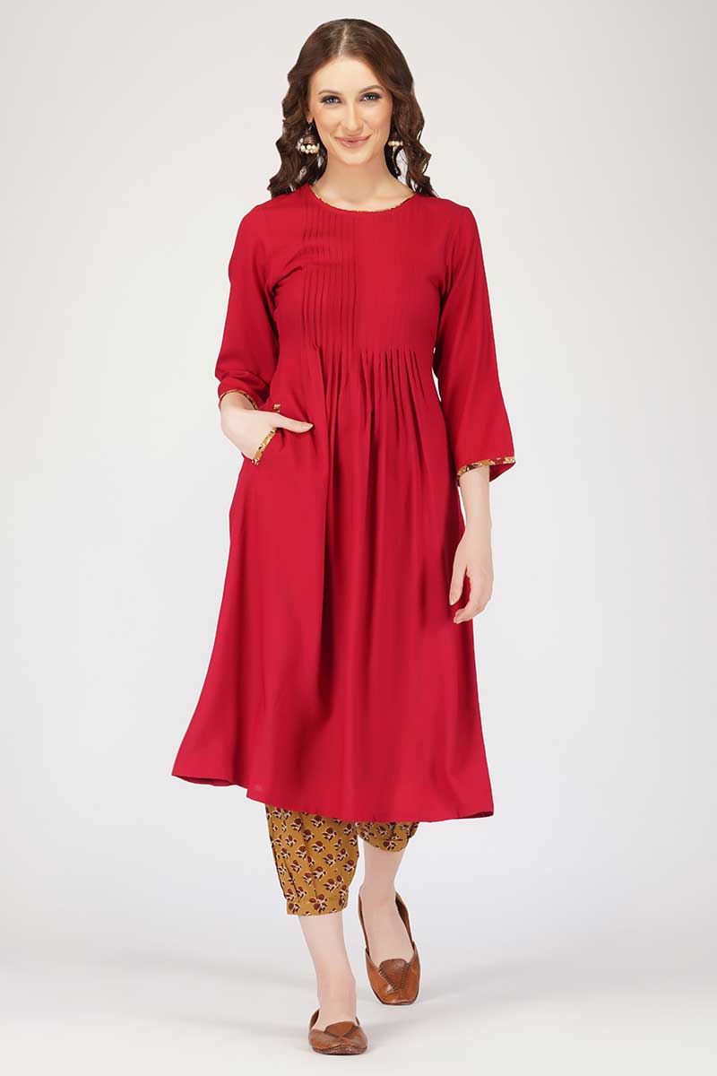 Maroon In and Out Pleated Kurta Set