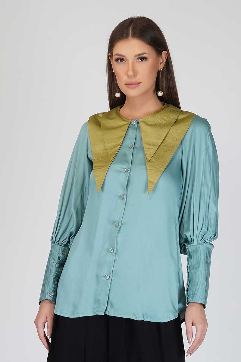 Turquoise Green Pleated Party Shirt