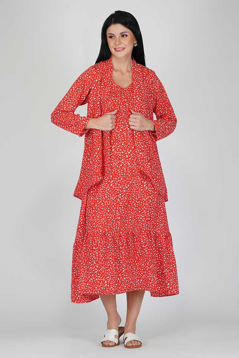 Printed Red Dress with Shrug
