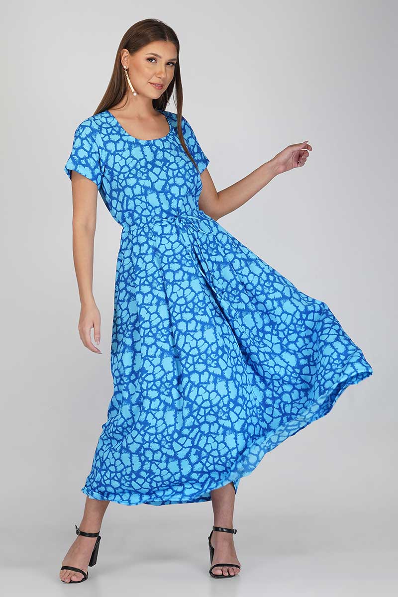 Abstract Blue Front Tie Dress