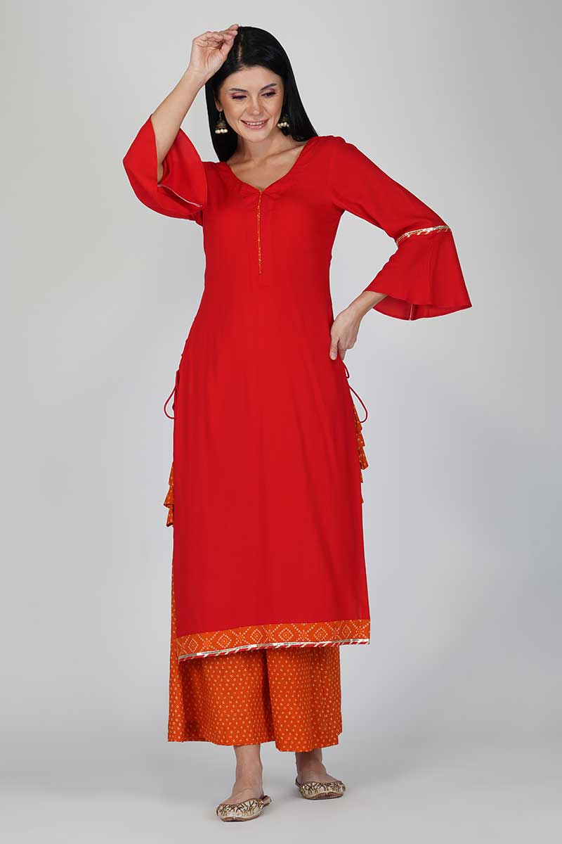 Red Bandhani Tassels Suit Set
