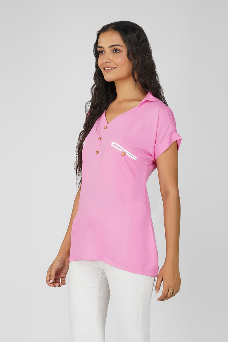 Pink White Button Top