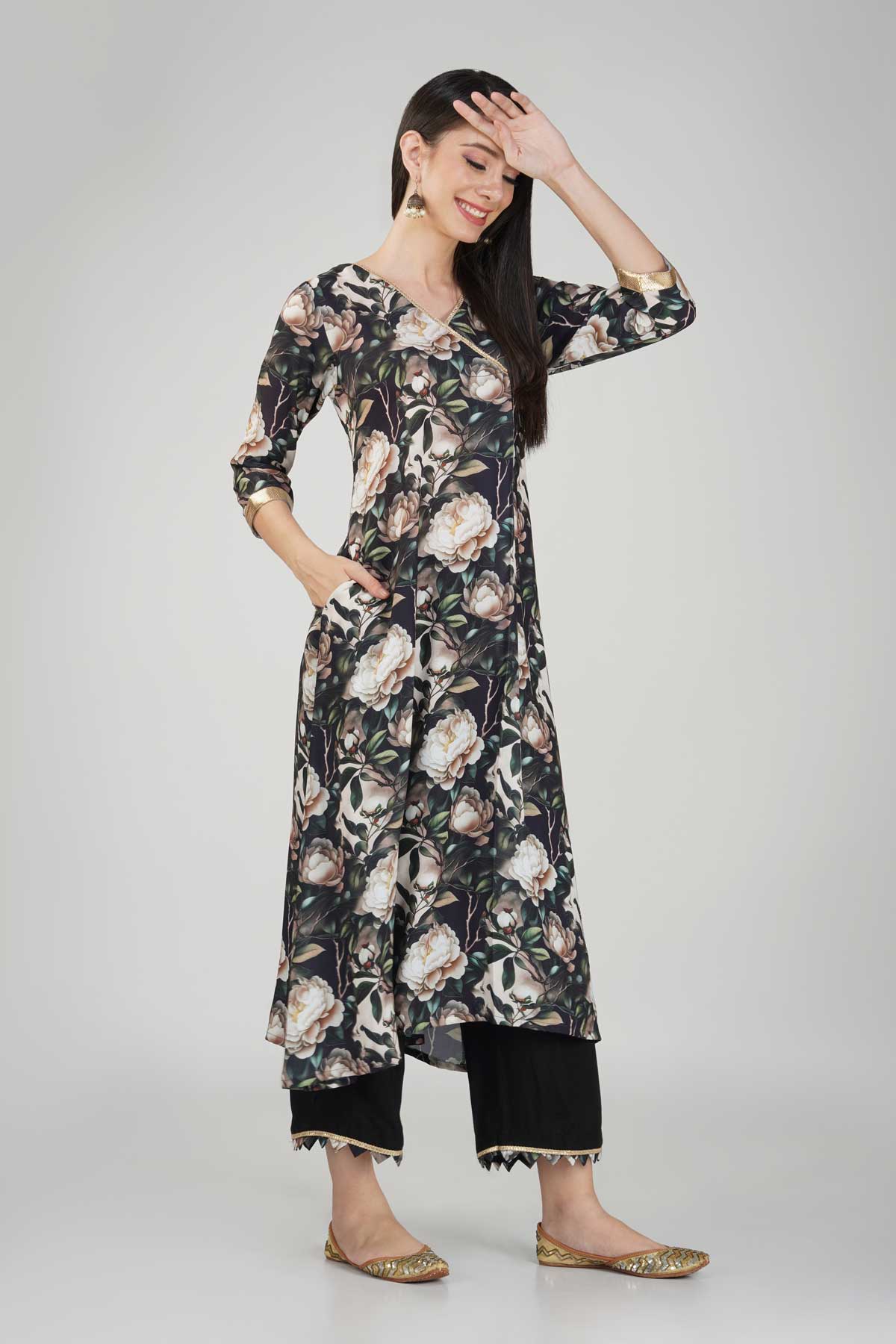 Black Floral Kurti with Chic Wide-Legged Pants