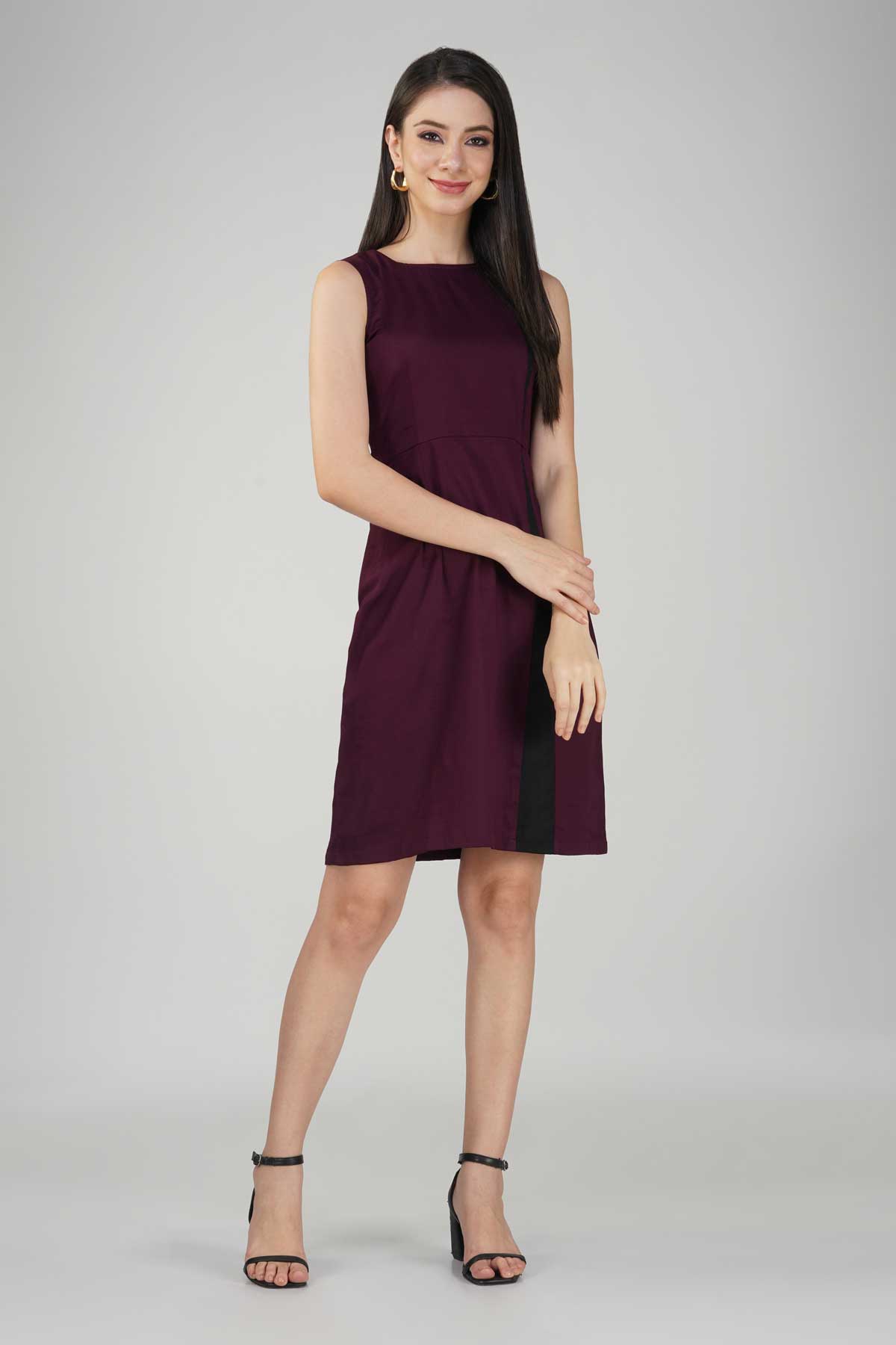 Dark Purple Knee-Length Cotton Satin Dress