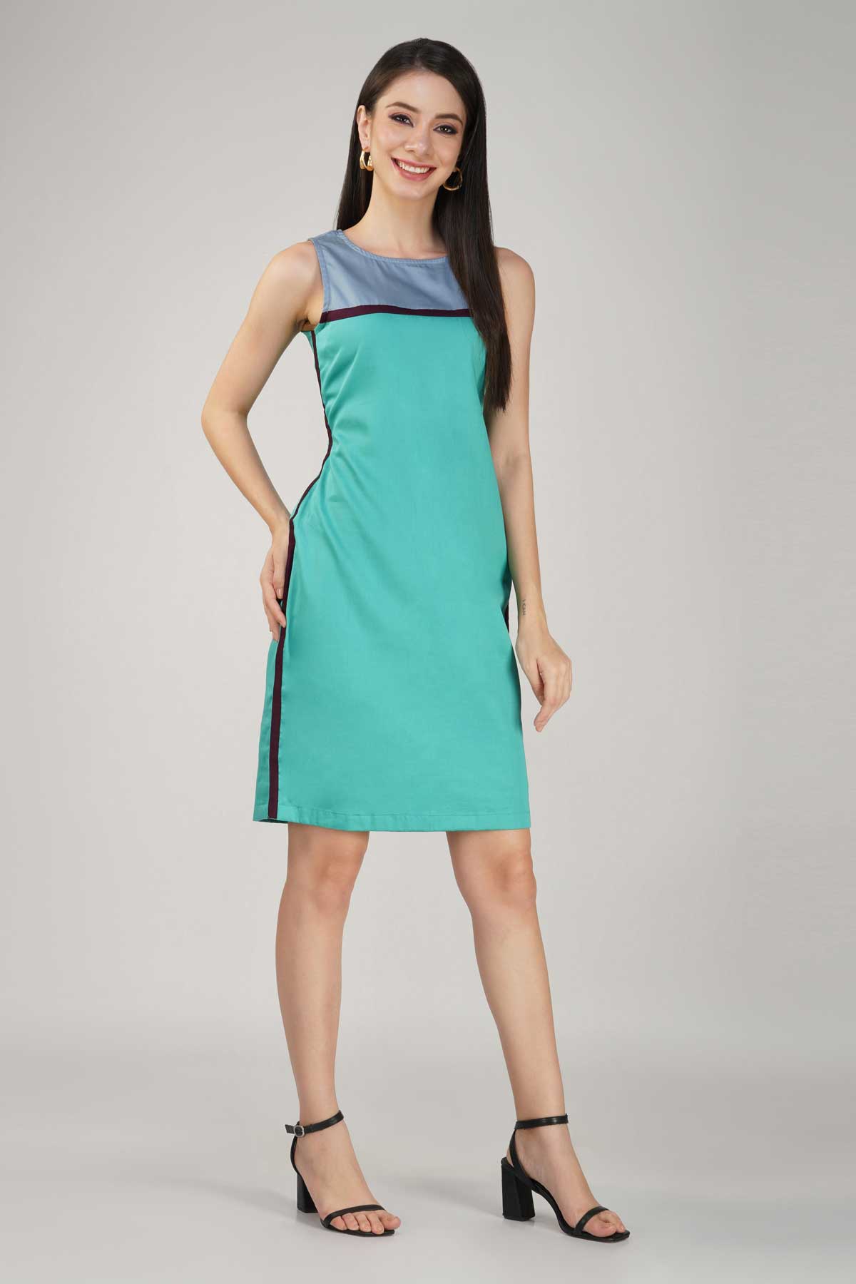 Turquoise Cotton Satin Knee-Length Dress
