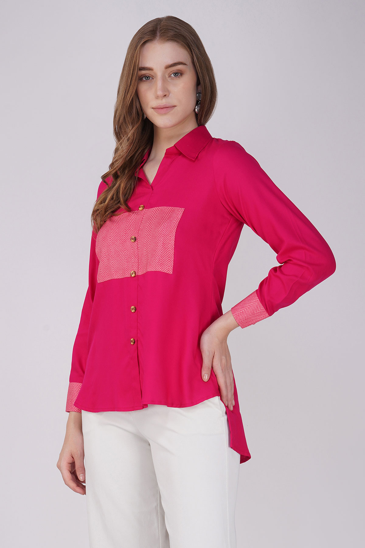 Hot Pink Shirt with Front Striped Muslin Patch