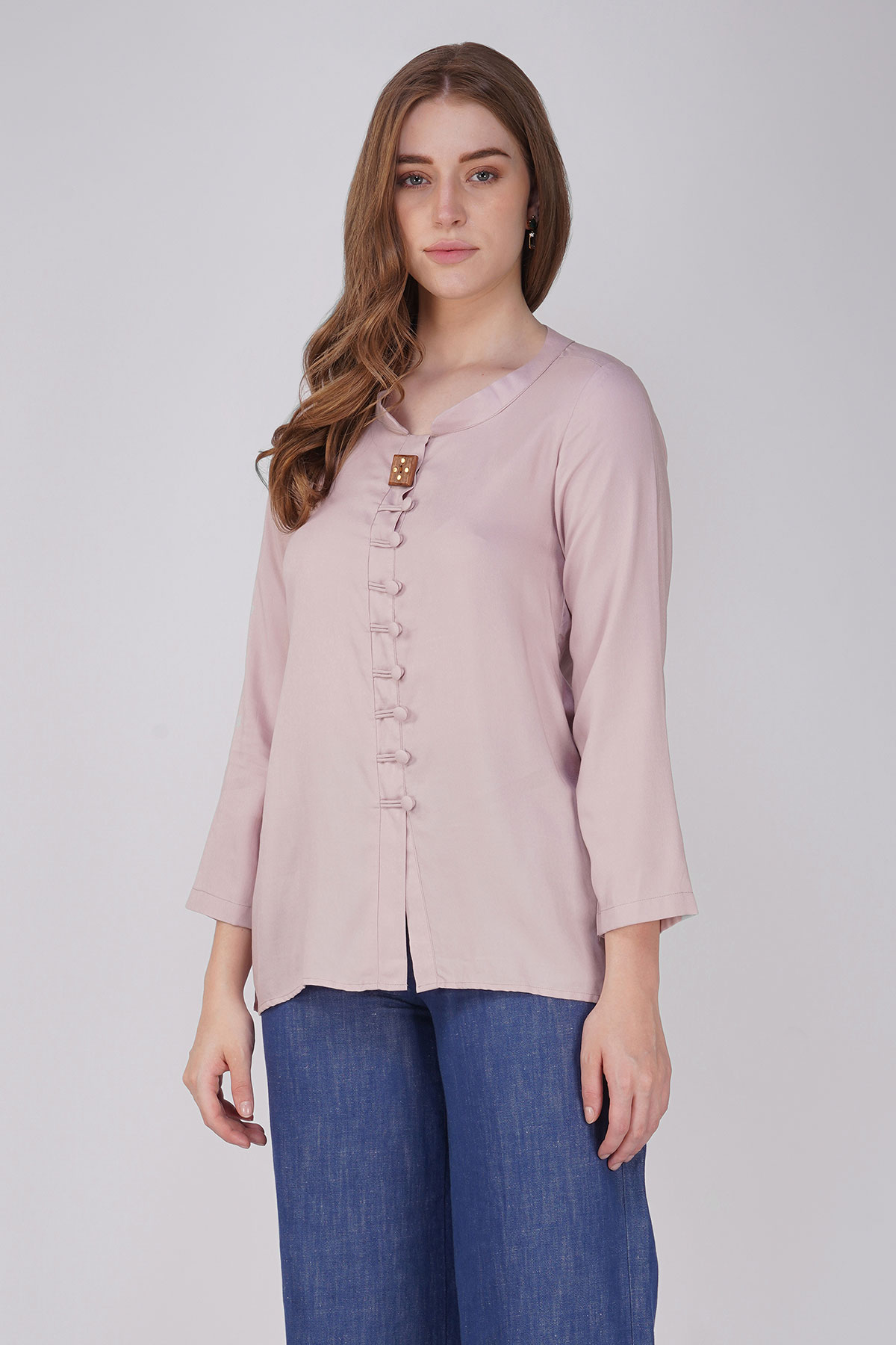 Dusty Pink Top with Statement Wooden Button